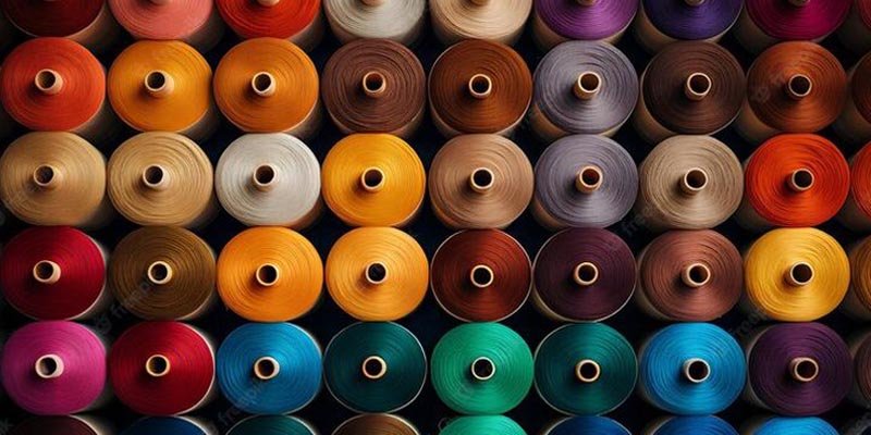 Spools of industrial sewing thread on a factory shelf