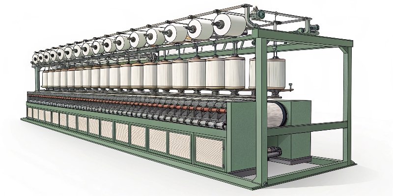 A close-up of the drawing frame process in a textile mill