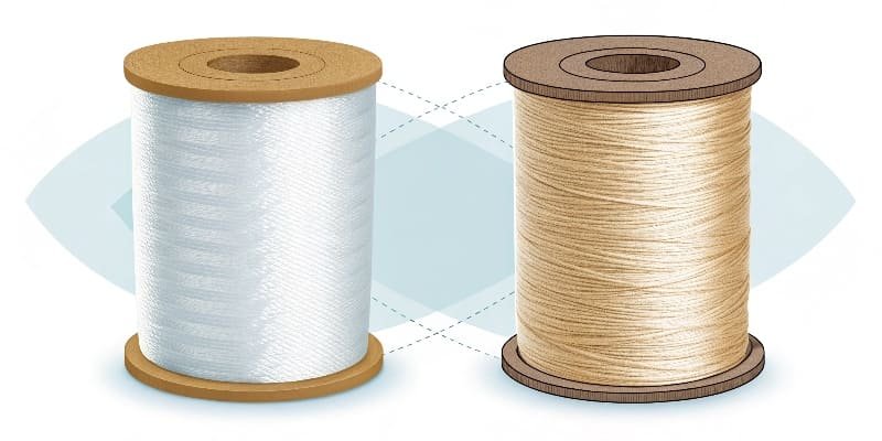 An illustration showing a long filament fiber versus short staple fibers