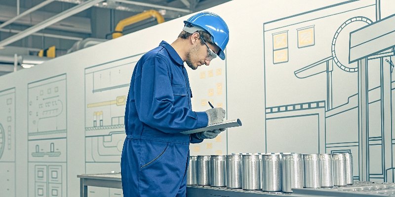A factory manager carefully inspecting a sliver can in the drawing area