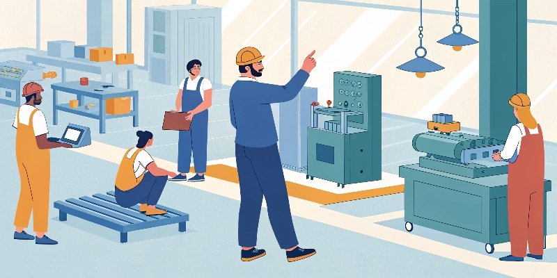 A factory manager talking with employees on the workshop floor