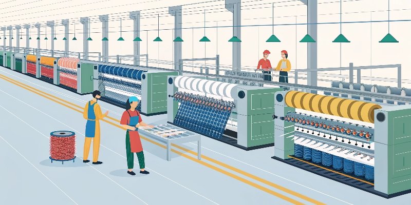 A well-organized yarn factory floor with a manager observing
