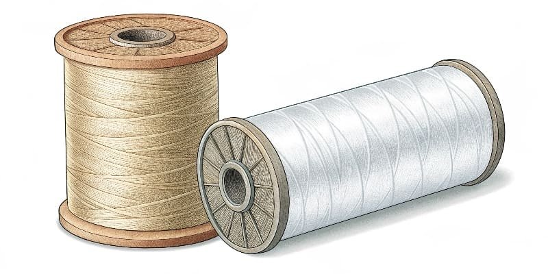 A close-up of polyester filament and staple sewing thread spools side-by-side