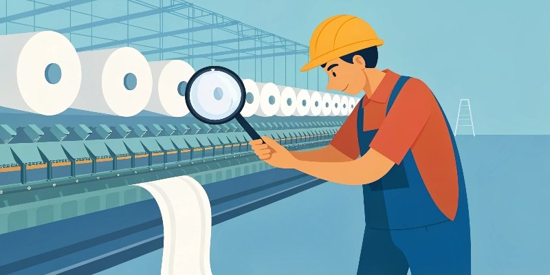 A worker inspecting yarn on a cone for quality defects