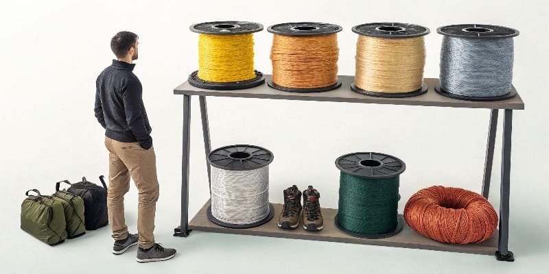 A side-by-side comparison of a seam on jeans (filament) and a seam on a t-shirt (staple)