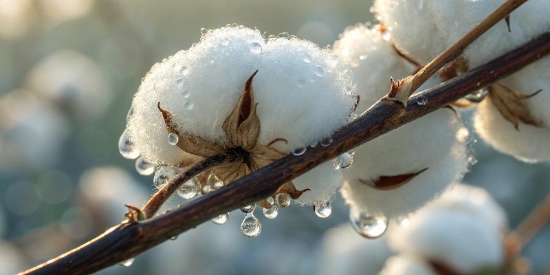 Close-up of raw cotton fiber with moisture droplets