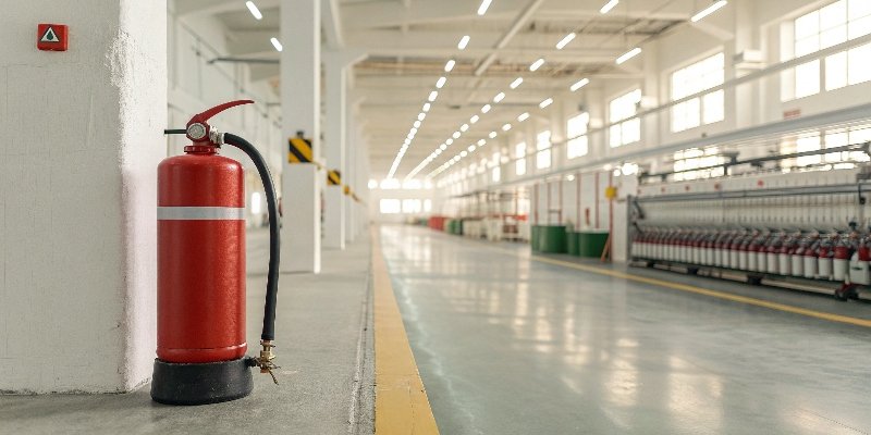 Fire extinguisher and safety signs in a textile factory
