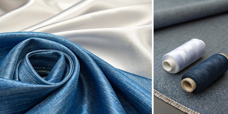 Close-up of different fabrics like denim, silk, and knitwear with matching threads