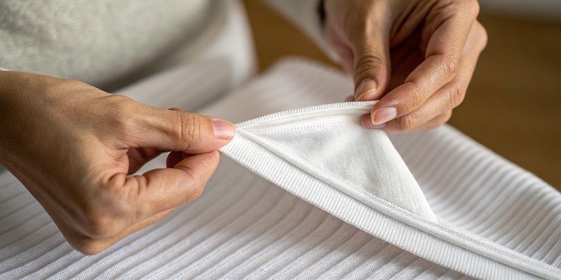 A person stretching a piece of knit fabric to show the thread's elasticity