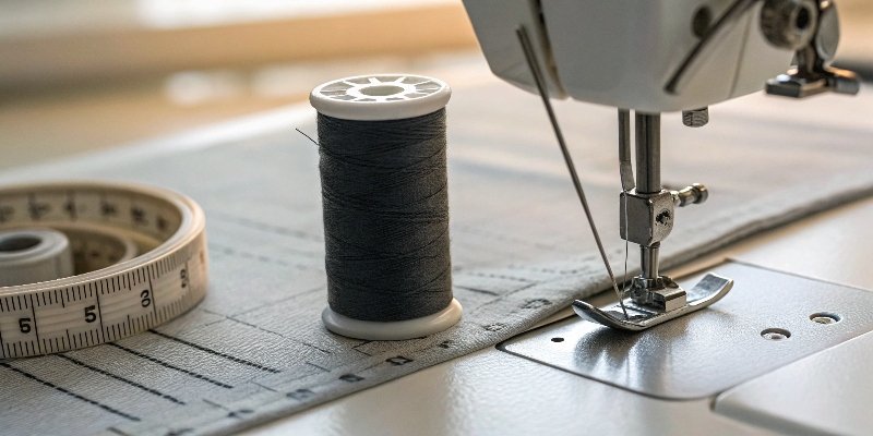 A close-up of a sewing machine needle next to a spool of thread, showing relative size
