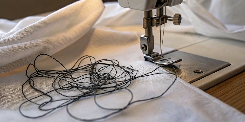 A tangled mess of "bird's nest" thread under a piece of fabric